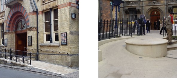 a ramp that has been stuck onto the outside of a building, compared to a ramp that has been integrated into the overall aesthetic look.