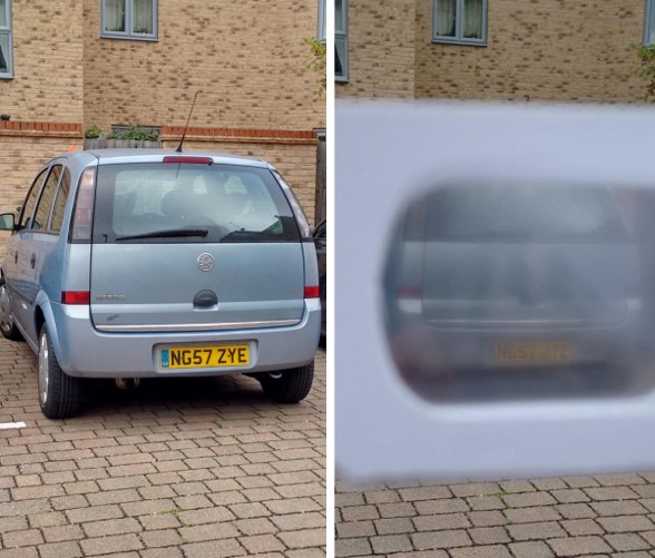 A car number plate viewed without and with simulation glasses.