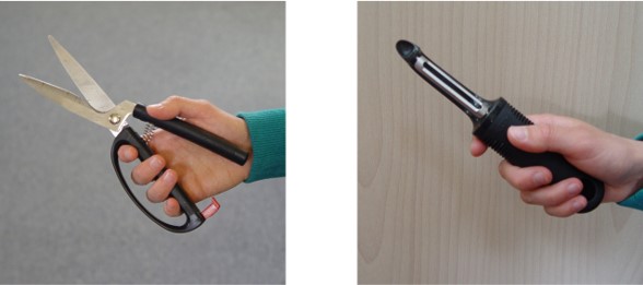 Photos of OXO Good Grips scissors and potato peeler which have large, soft grip handles.