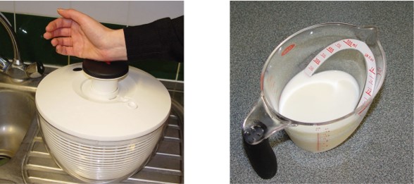 Photo of an OXO Good Grips salad spinner that is operated by pushing down on a large plunger, and photo of an OXO Good Grips  measuring jug with a measuring scale that can be read from above.